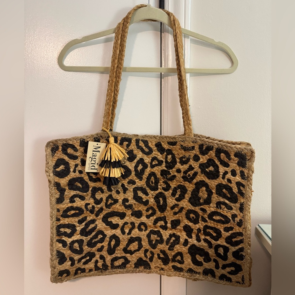 Magid Leopard Print Jute Beach Tote Bag with Tassel